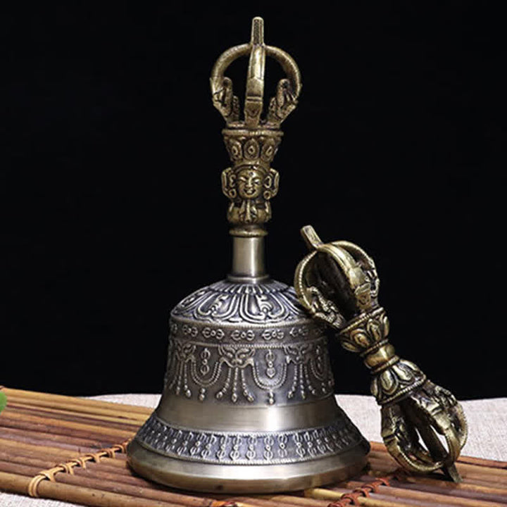 Buddha Stones Tybetański Dzwon Medytacyjny i Wadżra Dorje Miedziany Zestaw Dekoracji Oświecenia