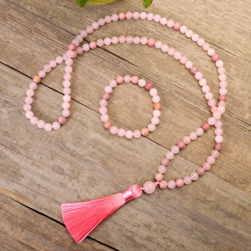 Buddha Stones 108 Mala Beads Różowa Kryształowa Bransoletka z Chwostem Miłości
