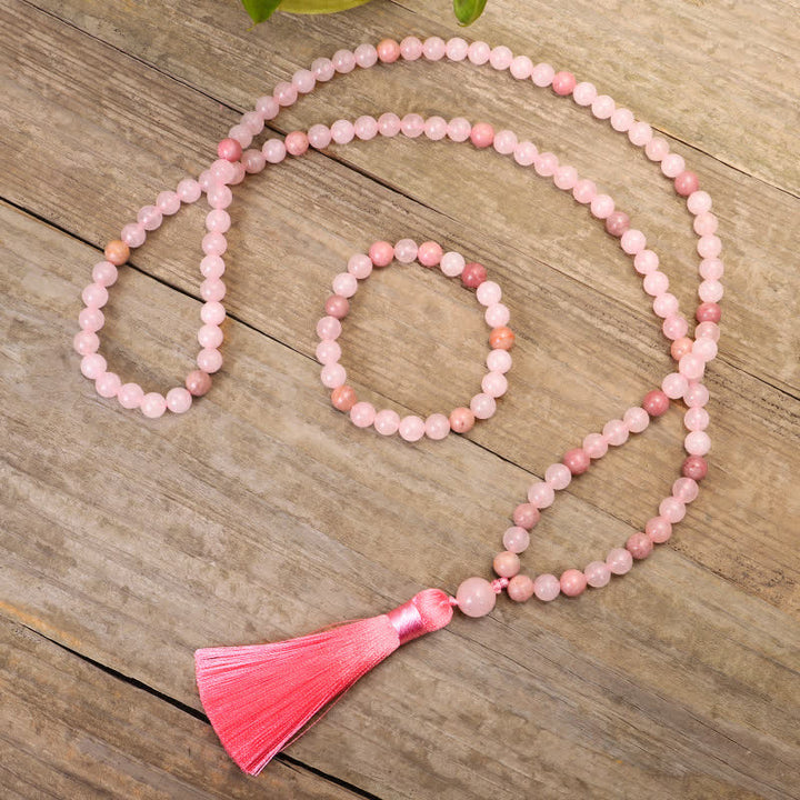Buddha Stones 108 Mala Beads Różowa Kryształowa Bransoletka z Chwostem Miłości