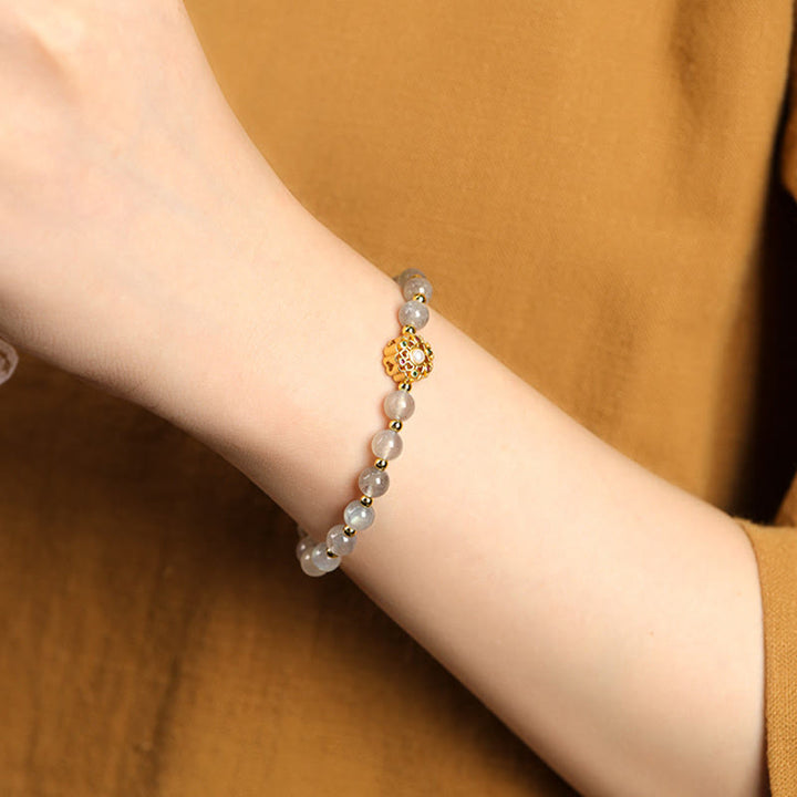 Buddha Stones 14K pozłacane Naturalny Kwarc Truskawkowy Labradoryt Kamień Słoneczny Fu Charakter Pozytywny Charm Bransoletka