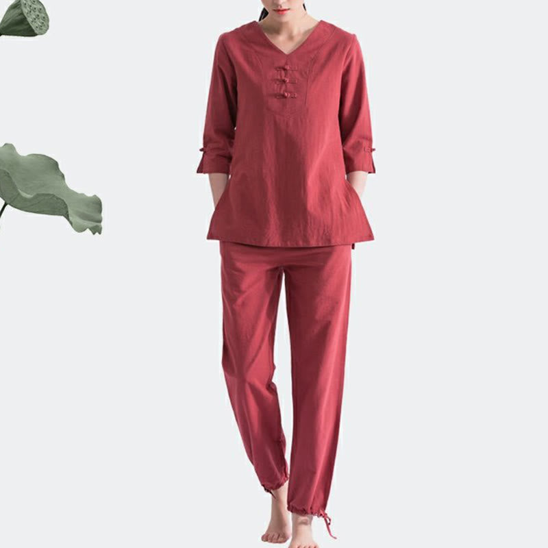 Buddha Stones Joga Medytacja Modlitwa Dekolt w serek Projekt Bawełna Len Odzież Jednolita Praktyka Zen Zestaw Damski - image 14