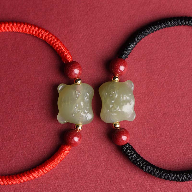Bransoletka z jadeitu i cynobru z Buddha Stones, szczęście, tygrys