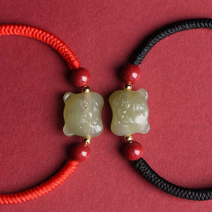Bransoletka z jadeitu i cynobru z Buddha Stones, szczęście, tygrys