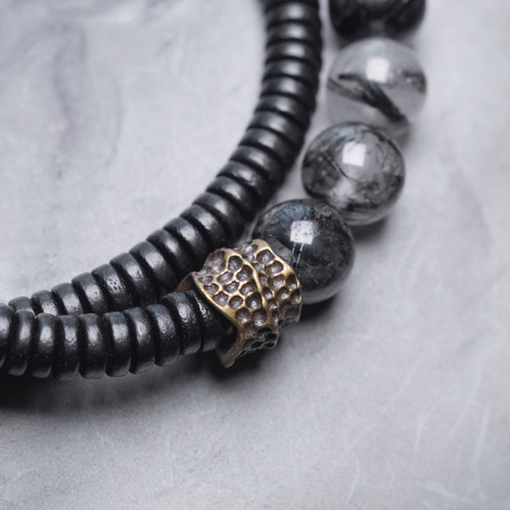 Buddha Stones Czarny Kwarc Rutilowany Drewno Hebanowe Miedź Mądrość Para Bransoletka