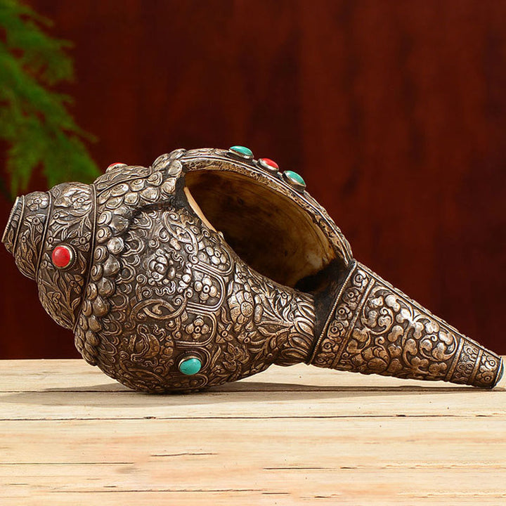 Tybetańska ręcznie robiona naturalna Shankha z ośmioma pomyślnymi symbolami, muszla Conch, szczęśliwa dekoracja domu