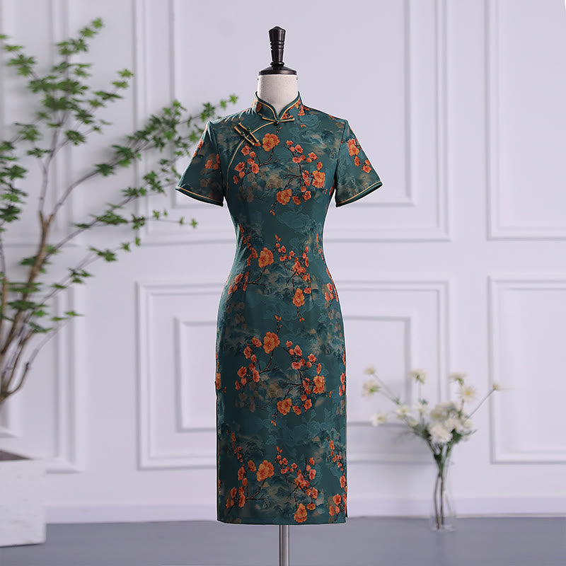 Buddha Stones Retro Kwiat Lotos Piwonia Pióro Druk Qipao Sukienka Damska Cheongsam Sukienka - Zielony kwiat - US16, UK/AU20, EU48 (5XL) - image 1