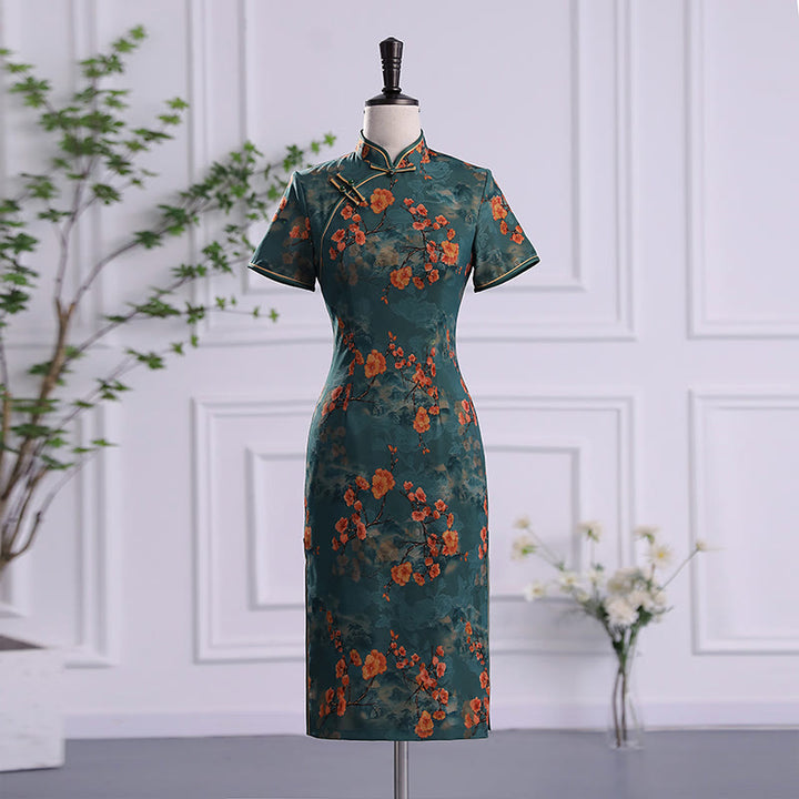 Buddha Stones Retro Kwiat Lotos Piwonia Pióro Druk Qipao Sukienka Damska Cheongsam Sukienka - Zielony kwiat - US16, UK/AU20, EU48 (5XL) - image 0