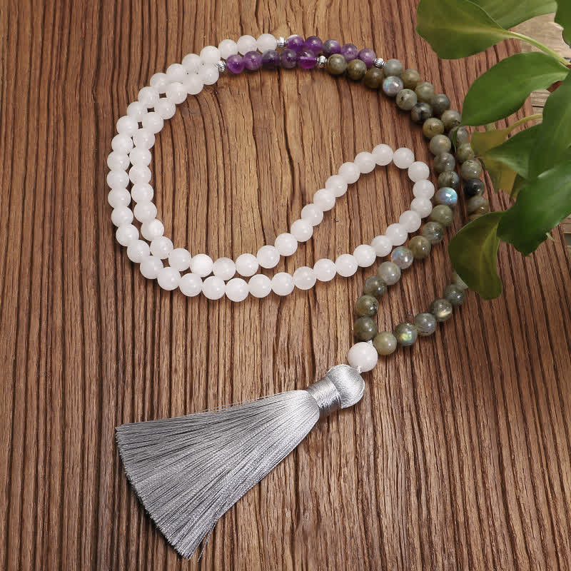 Buddha Stones 108 Mala Beads Biały Agat Ametyst Czarny Brokat Bransoletka Ochronna Kamienia