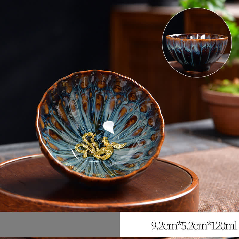 Buddha Stones Lotos Paw Smok Feniks Ryba Koi Ceramiczna filiżanka do herbaty Intarsjowane filiżanki do herbaty 120 ml - Złoto - Feniks - image 14