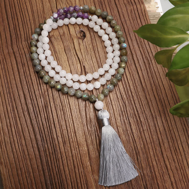 Buddha Stones 108 Mala Beads Biały Agat Ametyst Czarny Brokat Bransoletka Ochronna Kamienia