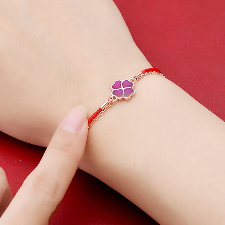 Bransoletka Buddha Stones 925 Sterling Silver Color Changing Four Leaf Clover Luck Protection Red String