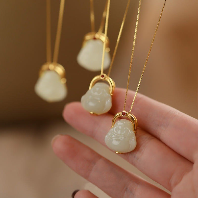 Buddha Stones 925 Srebro Sterling Naturalny Hetian Jade Śmiejący się Budda Obfitość Naszyjnik Łańcuch Wisiorek - Jadeit Hetian (dobrobyt ♥obfitość) - image 0