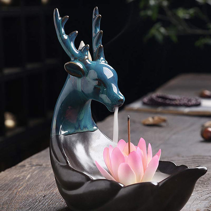Buddha Stones Mały Jeleń Ceramiczny Lotos Medytacja Kadzielnica Dekoracja