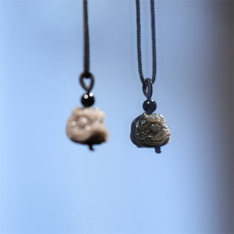 Buddha Stones Naturalny Srebrny Połysk Obsydian Tańczący Lew Naszyjnik Wisiorek Ochrona