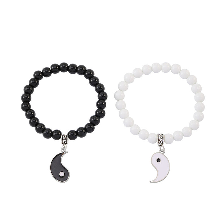 Buddha Stones 2szt. Czarny Onyks Biały Turkus Koralik Yin Yang Ochrona Para Bransoletka