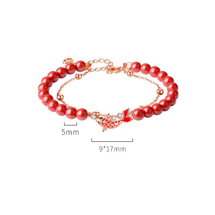 Bransoletka z podwójnym łańcuszkiem Buddha Stones 925 Sterling Silver Lucky Koi Fish Cinnabar Zircon Prosperity
