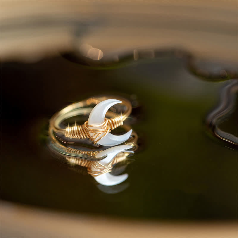 Buddha Stones Naturalny pierścień błogosławieństwa z księżycem z kamienia Tridacna w 14-karatowym złocie - Biały - 61~62 mm - image 0