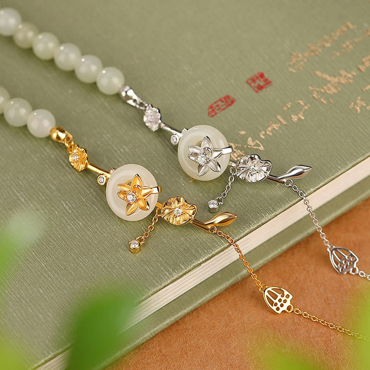 Buddha Stones 925 Srebro Sterlingowe Hetian Jade Peace Buckle Bransoletka z Łańcuszkiem Szczęścia Lotus - image 1