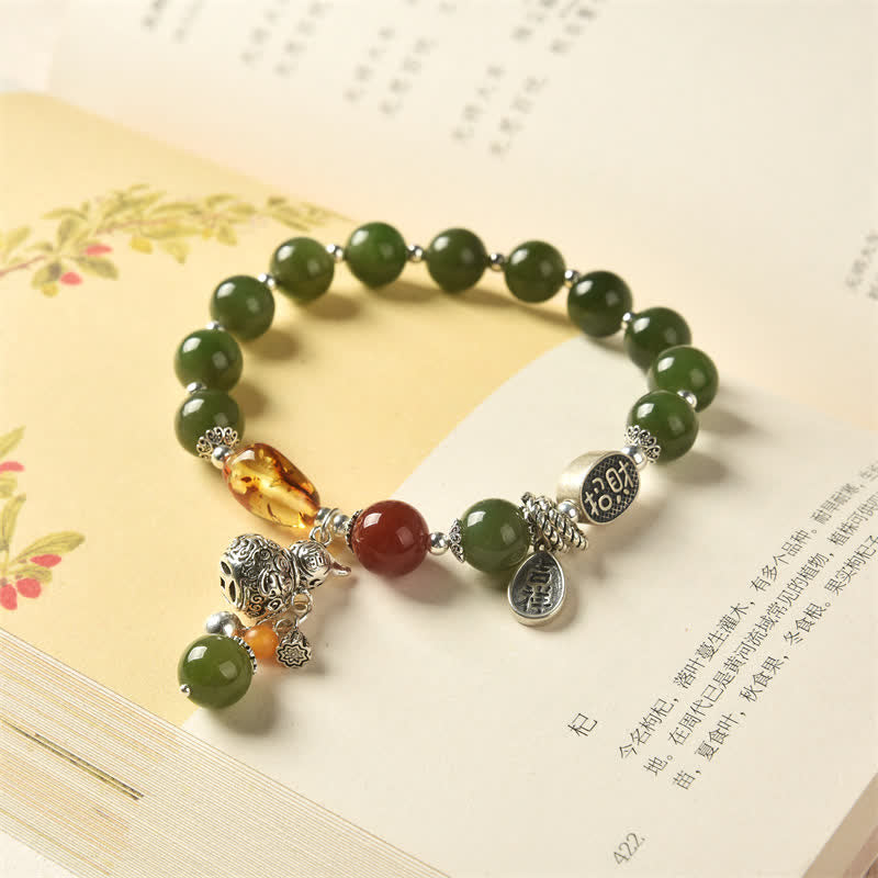 Buddha Stones 925 Srebro Sterlingowe Hetian Cyan Jade Gourd Amber Bransoletka Sukcesu