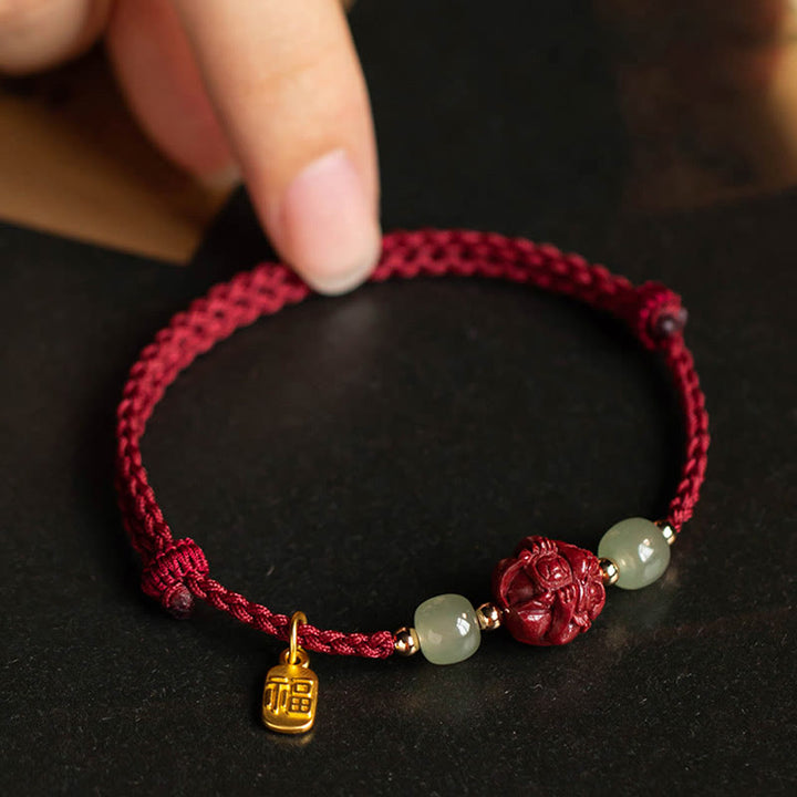 Buddha Stones Naturalny Cynober Chiński Zodiak Hetian Jade Fu Charakter Szczęścia Bransoletka Lina