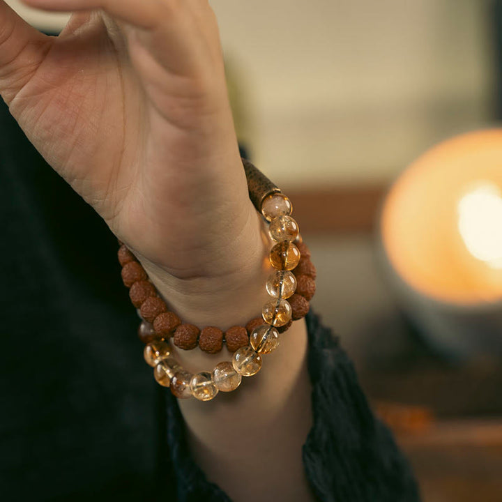 Buddha Stones Naturalny Kryształ Cytrynu Rudraksha Bodhi Nasiona Mosiężne Koraliki Dobrobytu Podwójnie Owijana Bransoletka