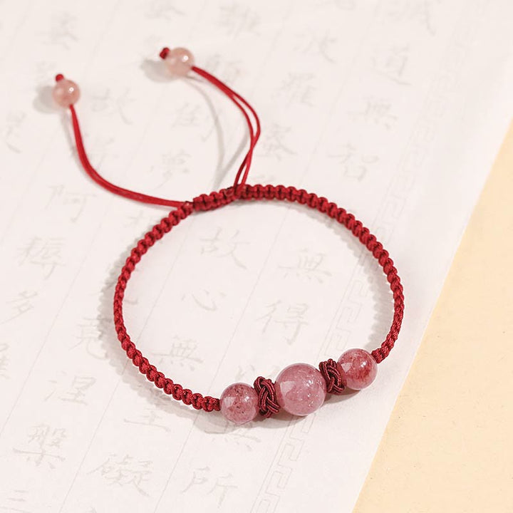 Buddha Stones Naturalny Kryształ Kwarcowy Truskawkowy Miłość Czerwona Bransoletka Tkana Sznurkiem Anklet