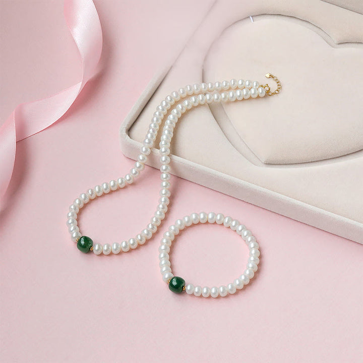 Buddha Stones 925 Srebro Sterlingowe Naturalne Perły Hetian Jade Akwamaryn Mądrość Szczerość Naszyjnik Bransoletka Wisiorek - Naszyjnik i bransoletka - Perła Hetian Jade Alloy 45cm - image 1