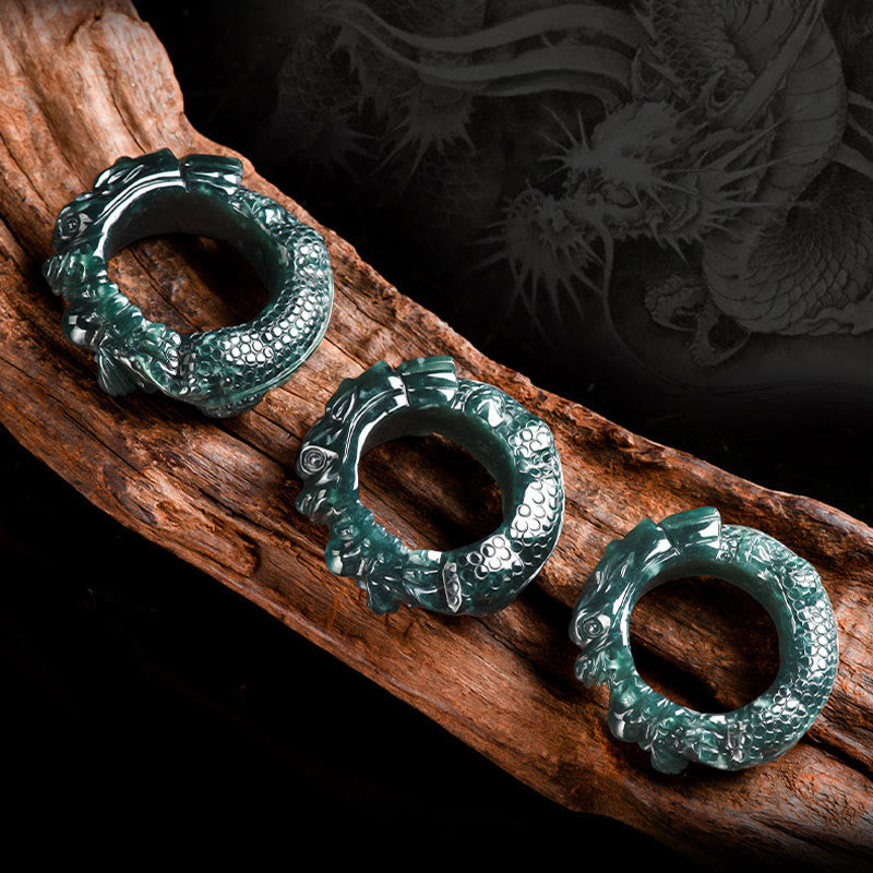 Pierścionek sukcesu z naturalnego cyjanowego jadeitu z rzeźbionym smokiem i Buddha Stones