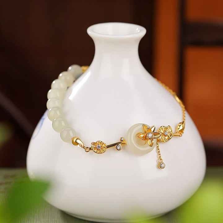 Buddha Stones 925 Srebro Sterlingowe Hetian Jade Peace Buckle Bransoletka z Łańcuszkiem Szczęścia Lotus
