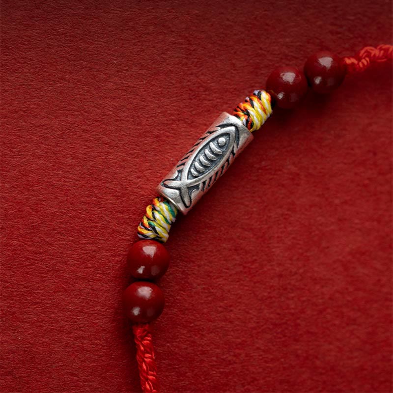 Buddha Stones 925 Srebro Sterling Ryba Koi Koralik Cynober Bogactwo Ręcznie Robiona Bransoletka Pleciona Bransoletka na Nogę