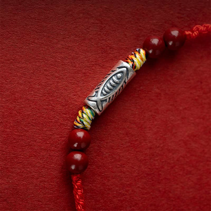 Buddha Stones 925 Srebro Sterling Ryba Koi Koralik Cynober Bogactwo Ręcznie Robiona Bransoletka Pleciona Bransoletka na Nogę