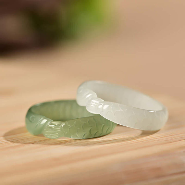 Buddha Stones Hetian Biały Jadeit Cyjan Jadeit Pierścień Szczęścia Ryby Koi Sukces
