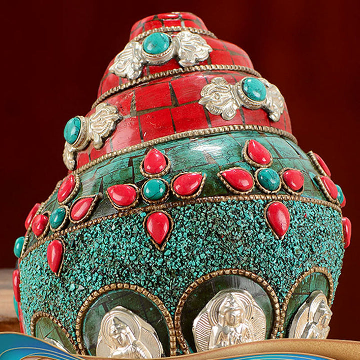 Tybetańska, ręcznie robiona Shankha Om Mani Padme Hum Budda Avalokitesvara turkusowa muszla pozytywna dekoracja