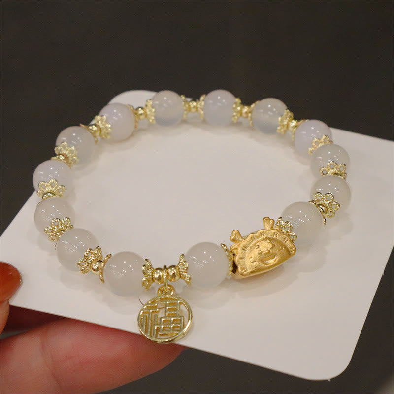 Buddha Stones Rok Smoka Czerwony Agat Kwarc Truskawkowy Czarny Obsydian Jadeit Granat Perła Cynober Pierożek Smok Szczęście Fu Bransoletka - Biały Agat (obwód nadgarstka 14-19 cm) - image 7