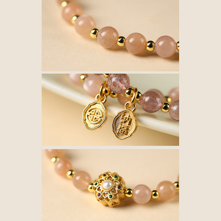 Buddha Stones 14K pozłacane Naturalny Kwarc Truskawkowy Labradoryt Kamień Słoneczny Fu Charakter Pozytywny Charm Bransoletka
