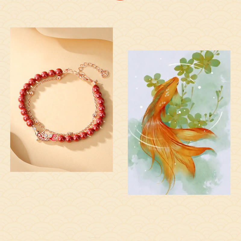 Bransoletka z podwójnym łańcuszkiem Buddha Stones 925 Sterling Silver Lucky Koi Fish Cinnabar Zircon Prosperity