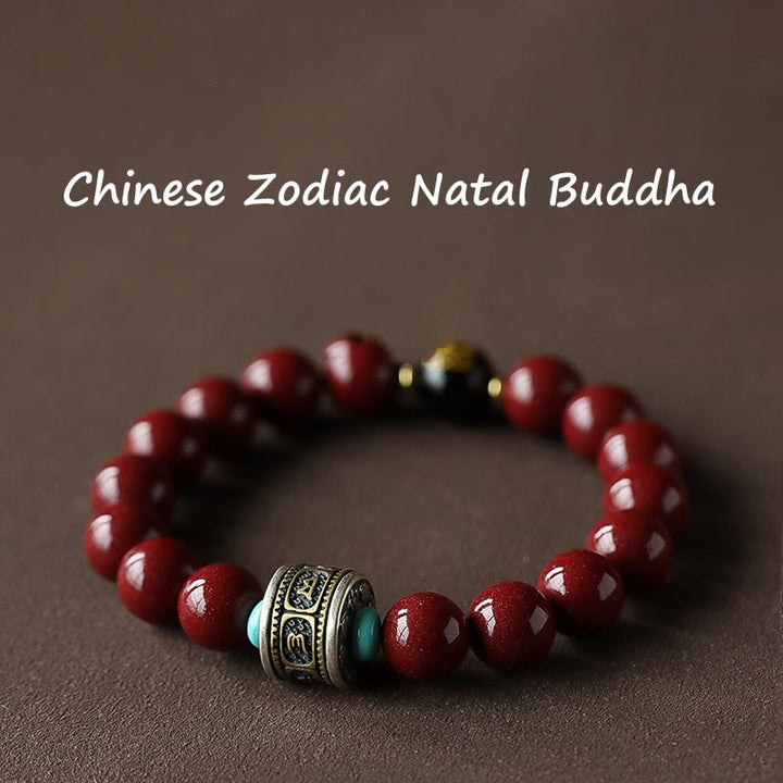 Buddha Stones 925 Srebro Sterlingowe Chiński Zodiak Natal Budda Cynober Om Mani Padme Hum Spokojna Bransoletka