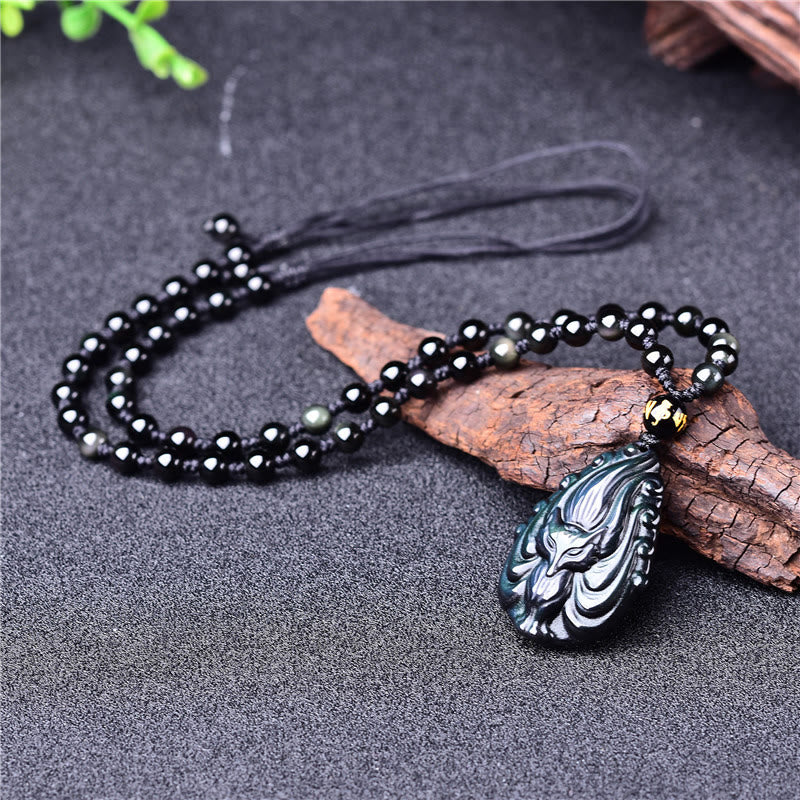 Buddha Stones Naturalny Tęczowy Obsydian Dziewięcioogonowy Lis Wewnętrzny Spokój Naszyjnik Koralikowy Wisiorek Sznurkowy