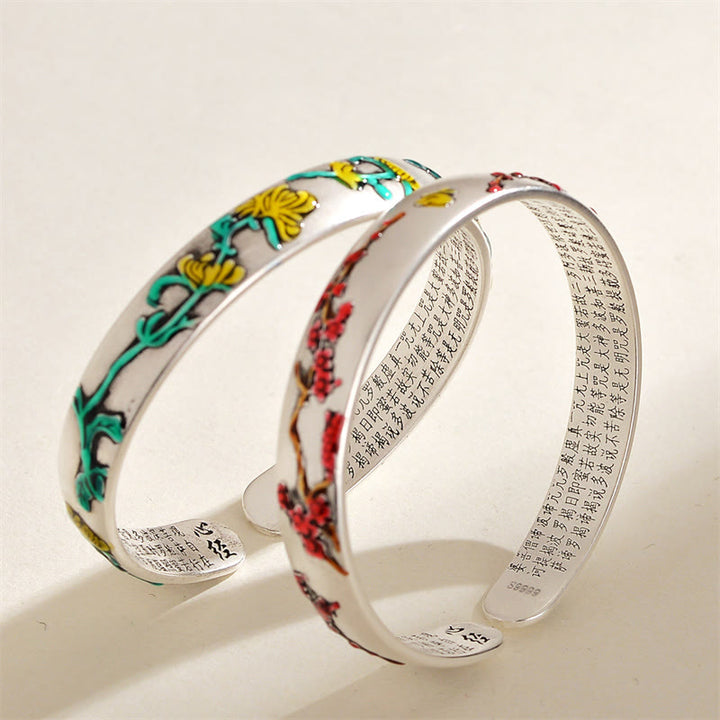 Buddha Stones , Śliwkowy Kwiat Chryzantemy, Projekt Serca Sutra Uzdrawiająca Bransoletka Mankiet Bangle