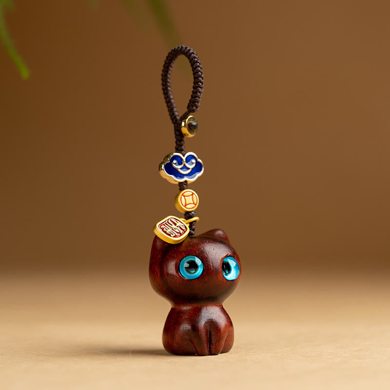 Buddha Stones Mały liść Czerwony sandałowiec Drewno hebanowe Szczęśliwy kot Ochrona Brelok Telefon Wiszący Dekoracja - Kot z małym liściem czerwonego drzewa sandałowego - Brelok do kluczy - image 1