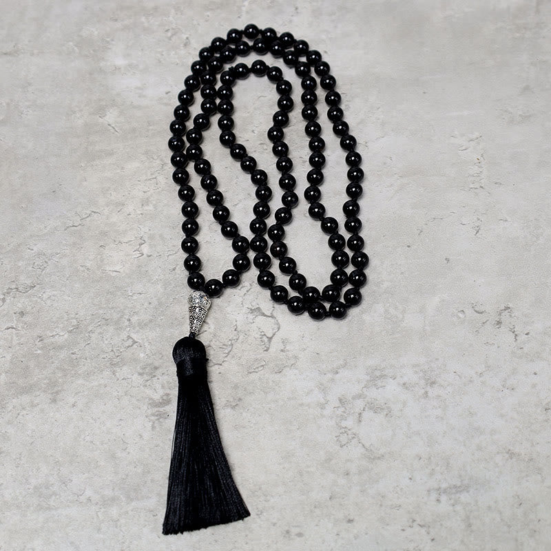 Buddha Stones 108 Mala Czarne Koraliki Onyksowe Naszyjnik Koraliki Modlitwy Medytacji Jogi