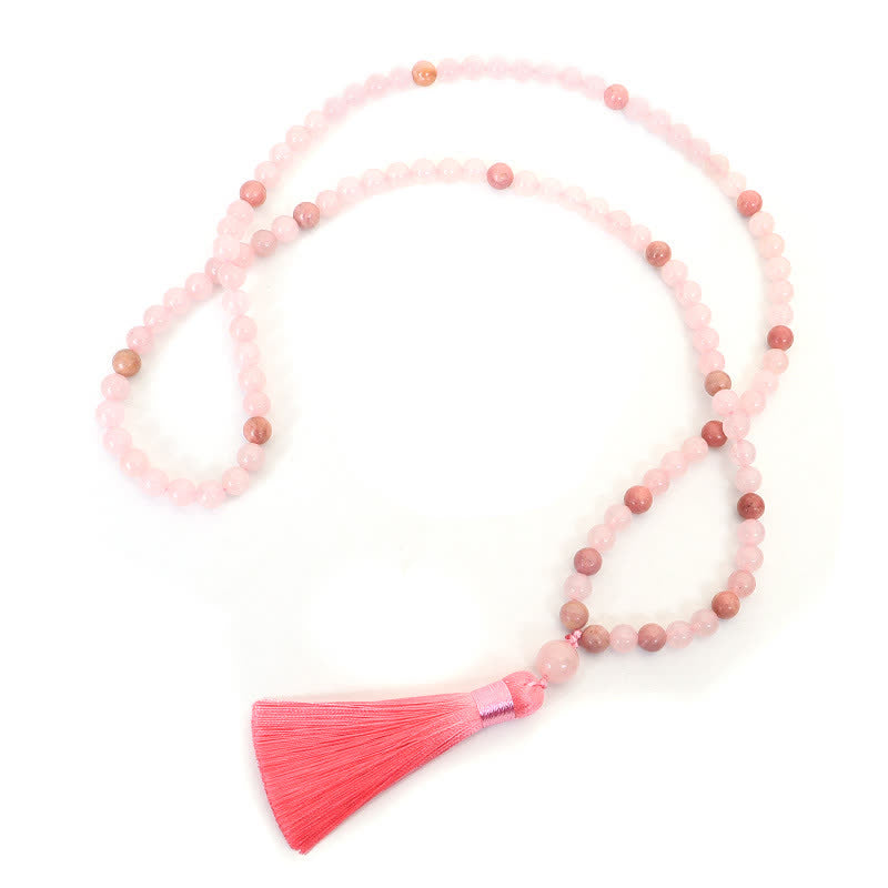 Buddha Stones 108 Mala Beads Różowa Kryształowa Bransoletka z Chwostem Miłości