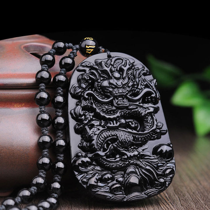 Buddha Stones Naszyjnik z wisiorkiem w kształcie smoka z czarnego obsydianu - image 7
