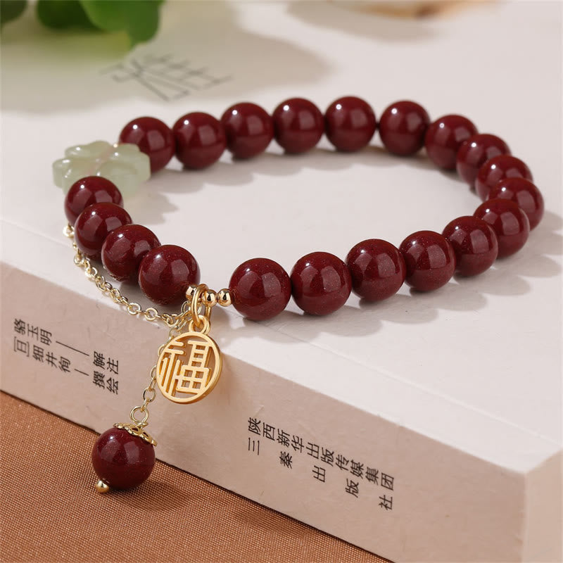 Buddha Stones Cynober Fu Charakter Hetian Jade Szczęśliwa Czterolistna Koniczyna Błogosławieństwo Bransoletka