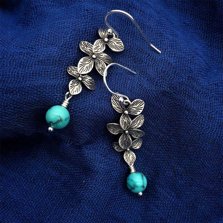 Kolczyki Buddha Stones 925 Srebro Sterling Turkus Lazuryt Kwiat Liść Ochrona Serenity Hook Drop Dangle