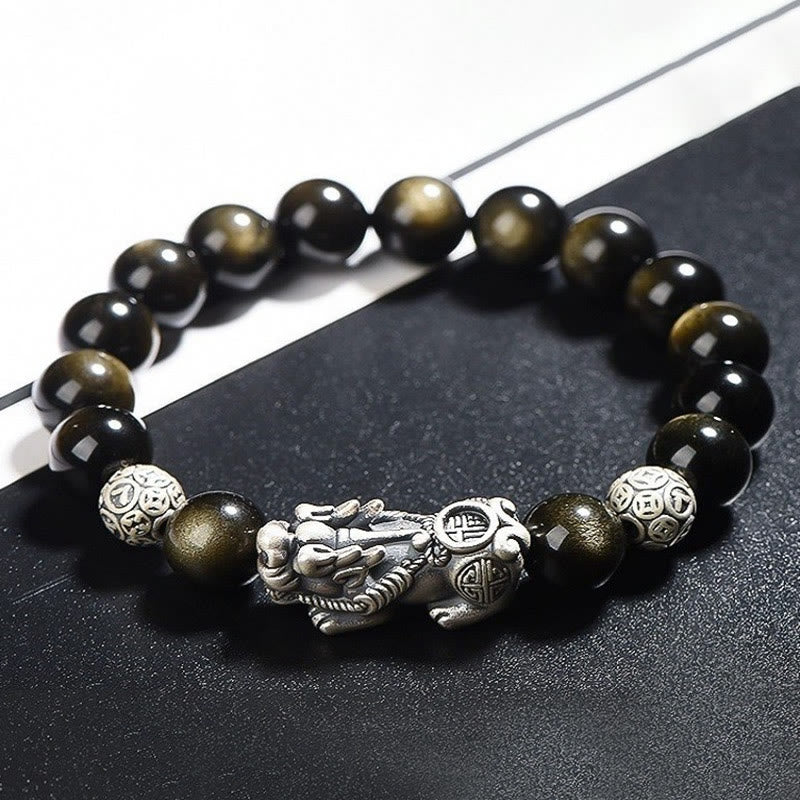 Buddha Stones 925 Srebro Sterling Naturalny Złoty Połysk Obsydian PiXiu Bransoletka Ochrony Bogactwa