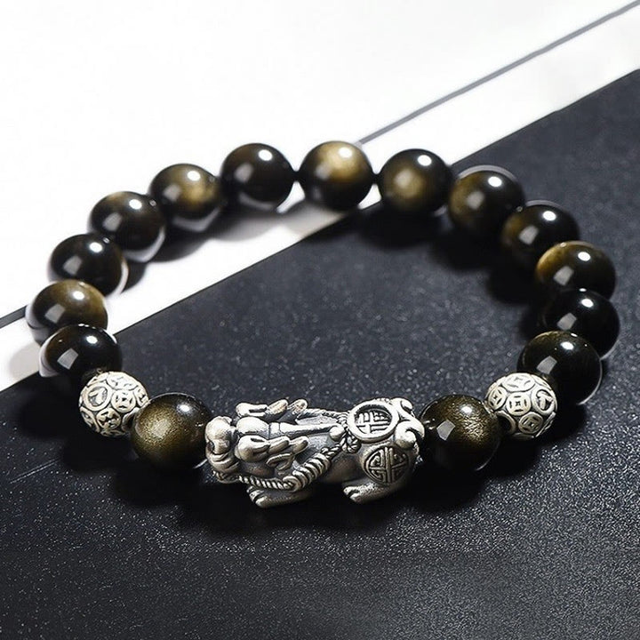Buddha Stones 925 Srebro Sterling Naturalny Złoty Połysk Obsydian PiXiu Bransoletka Ochrony Bogactwa