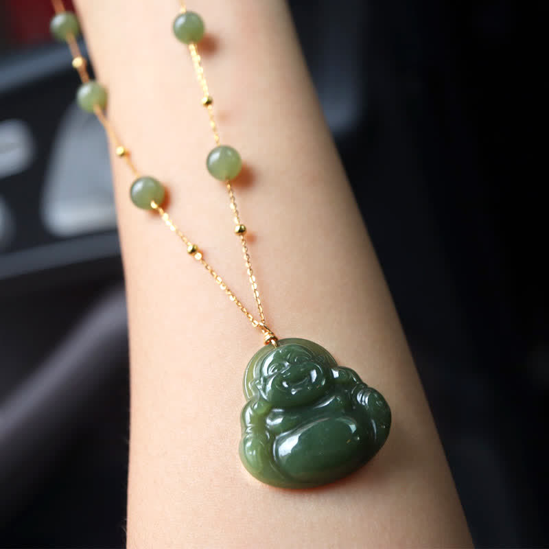Śmiejący się Budda Hetian Jade Luck Naszyjnik Koralikowy Łańcuch Wisiorek - image 3