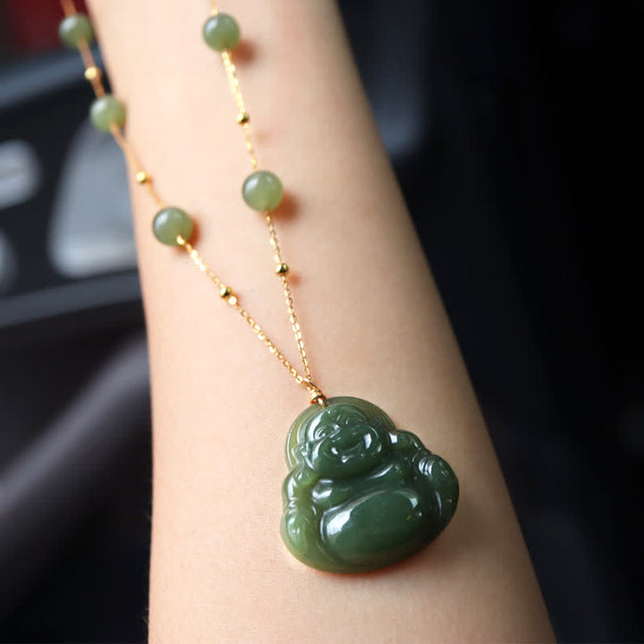 Śmiejący się Budda Hetian Jade Luck Naszyjnik Koralikowy Łańcuch Wisiorek - image 3