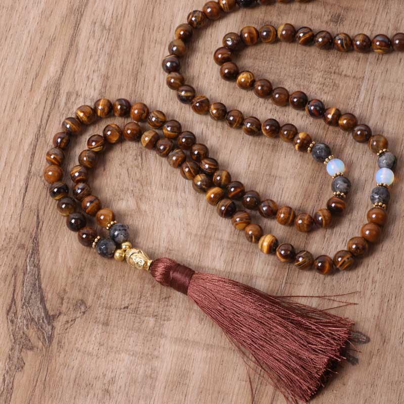 Buddha Stones Tybetańskie Tygrysie Oko Budda Siła Moc Koralikowy Wisiorek z Chwostem